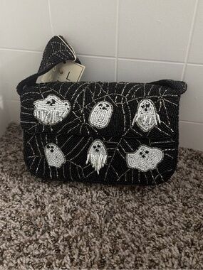Beaded Black Ghost Motif Shoulder Bag